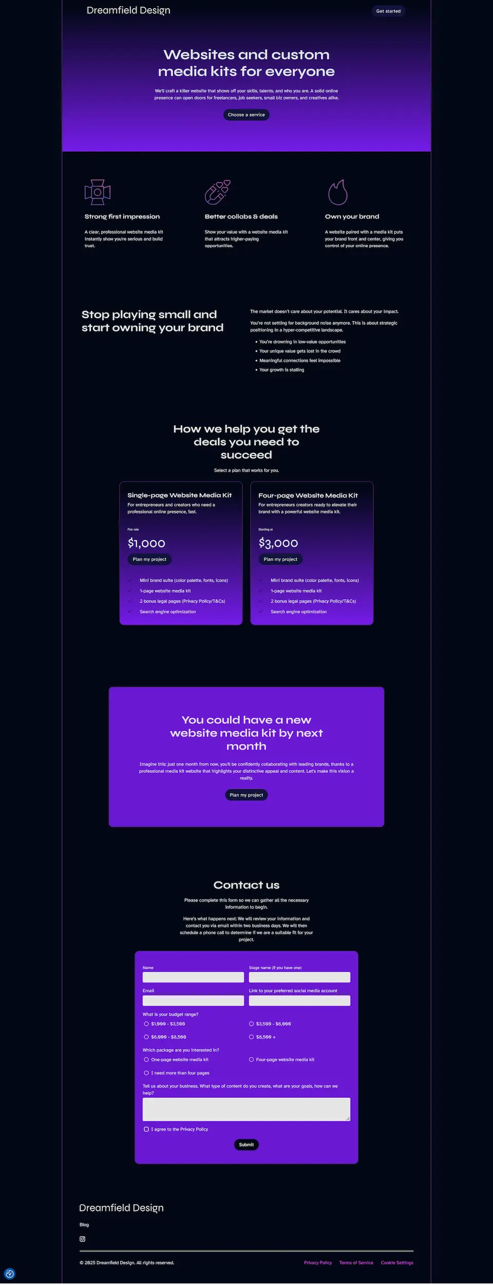A full page screenshot of the website dreamfielddesign.com.